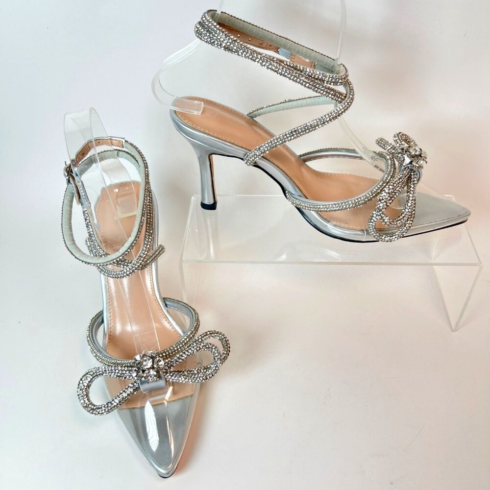 Silver Rhinestone Pointed Toe  Heels High Strappy  Bow Sandals Women Size 5.5